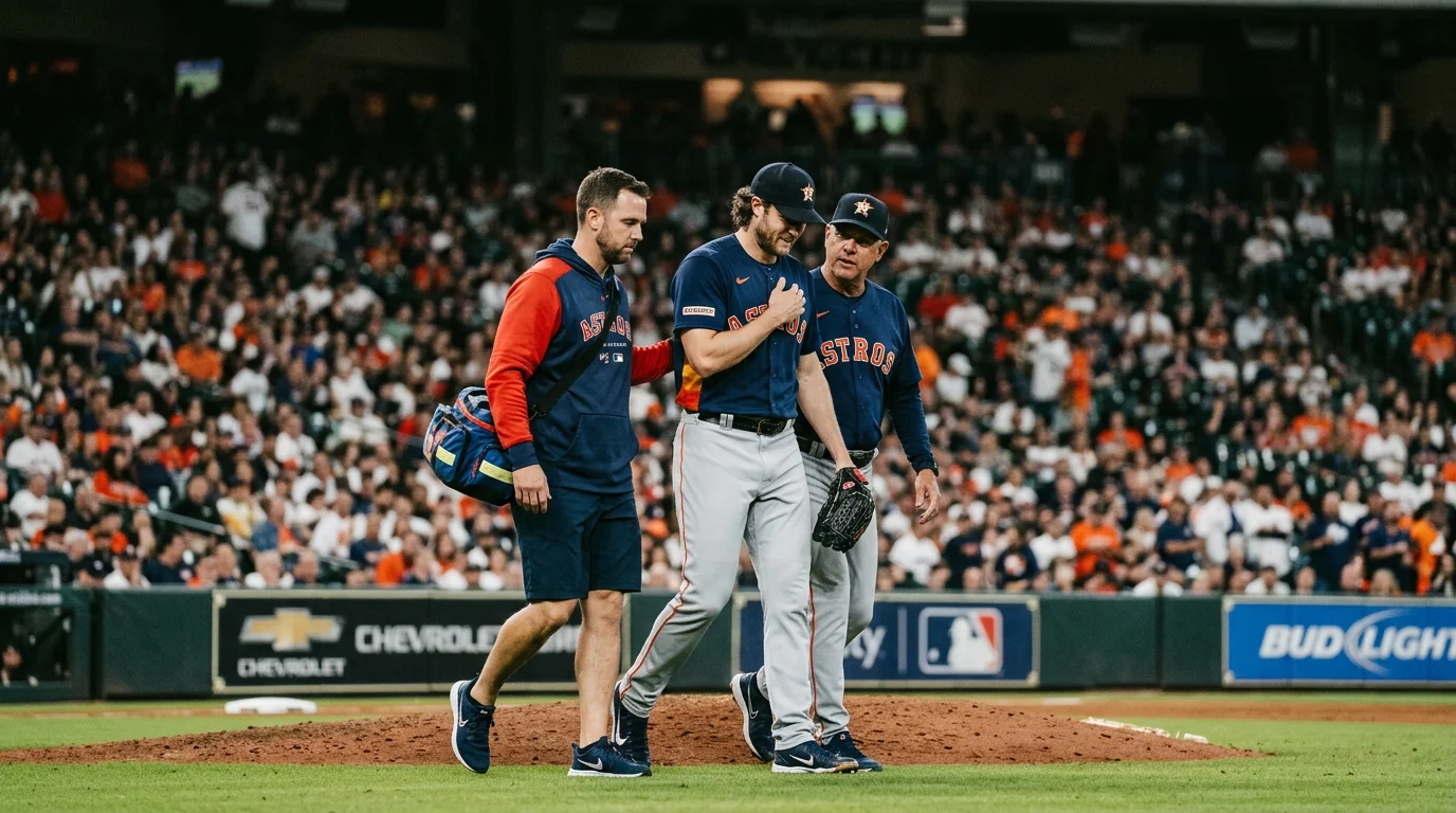 Lanzador de beisbol MLB saliendo del campo con asistencia medica mientras el manager y el bullpen catcher observan