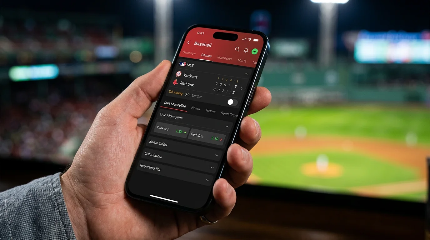 Mano sosteniendo un smartphone con app de apuestas de béisbol MLB mostrando cuotas moneyline en vivo