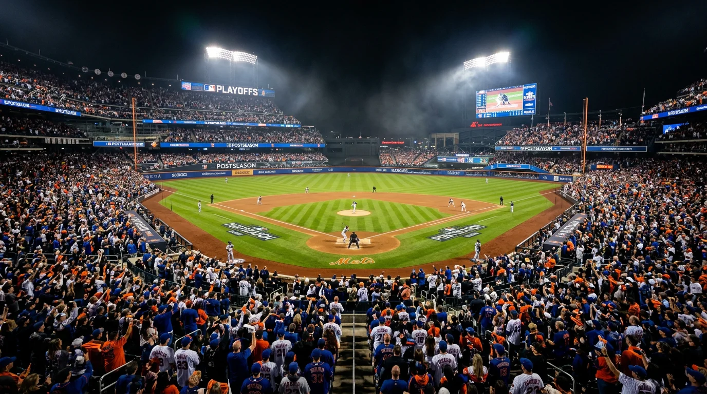 Campo de beisbol MLB durante un partido de playoffs con la aficion llena en las gradas y luces encendidas de noche