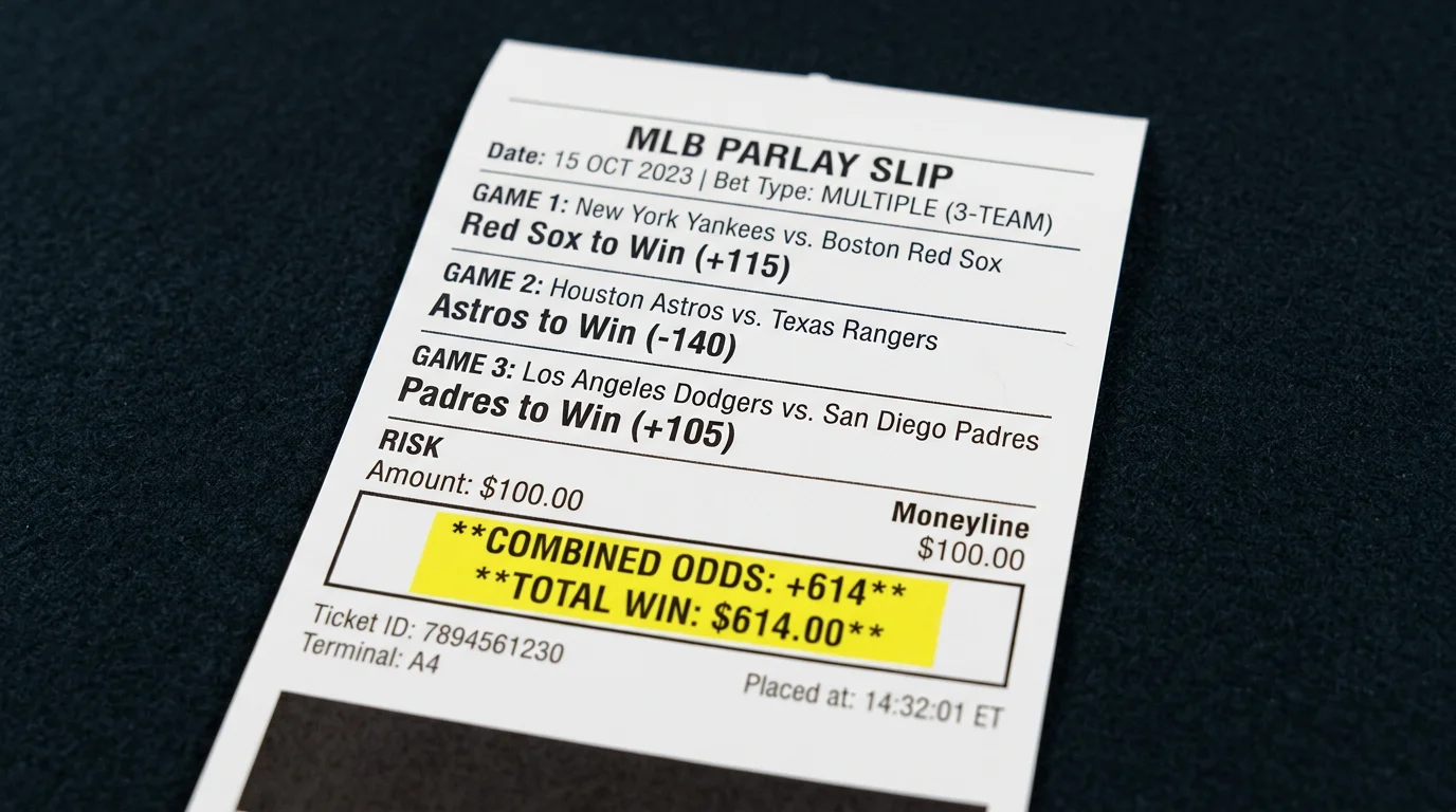 Boleto de apuesta multiple de beisbol MLB con tres selecciones de moneyline y cuota acumulada destacada