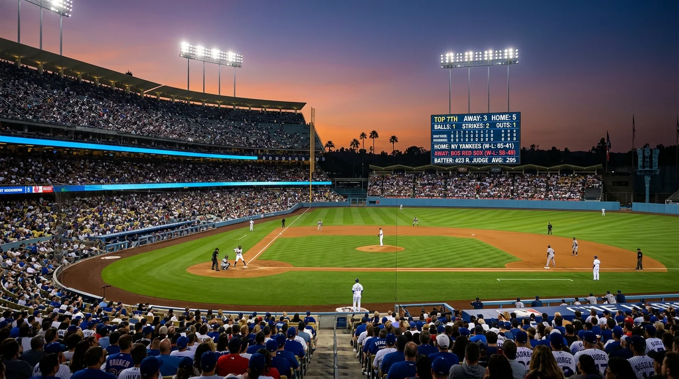 Estadio de béisbol MLB con marcador electrónico mostrando estadísticas ATS de equipos y cuotas de apuestas