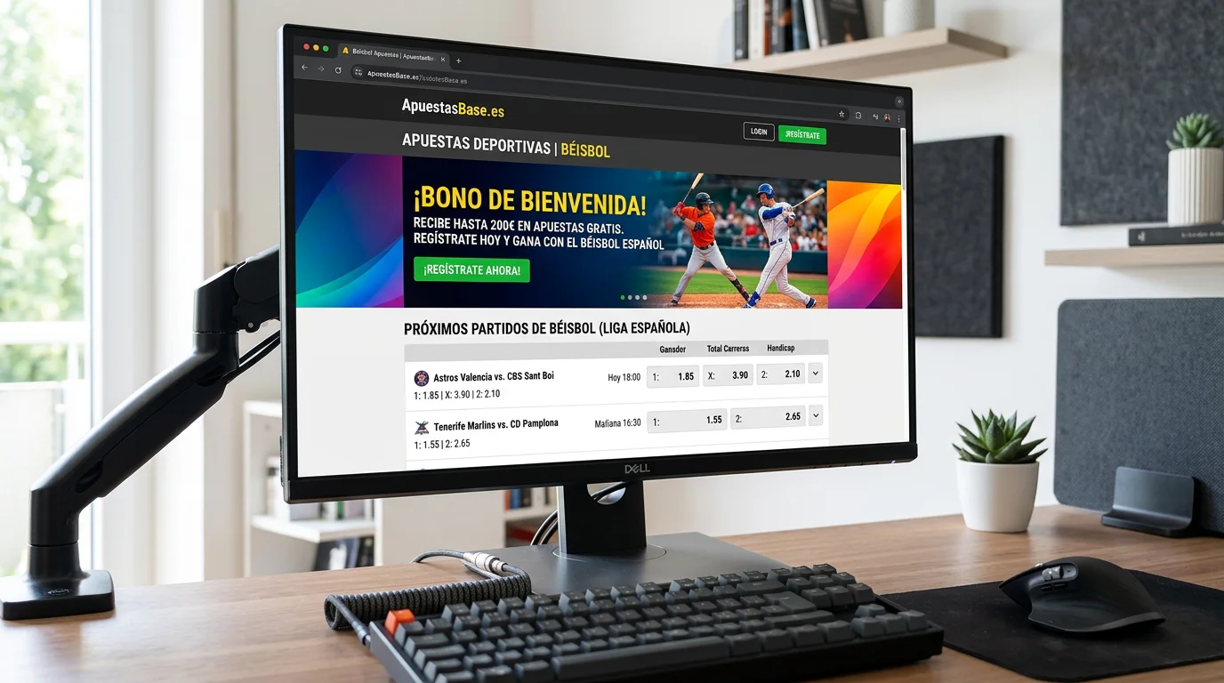 Pantalla de ordenador con interfaz de casa de apuestas mostrando oferta de bono de bienvenida para apuestas de beisbol MLB