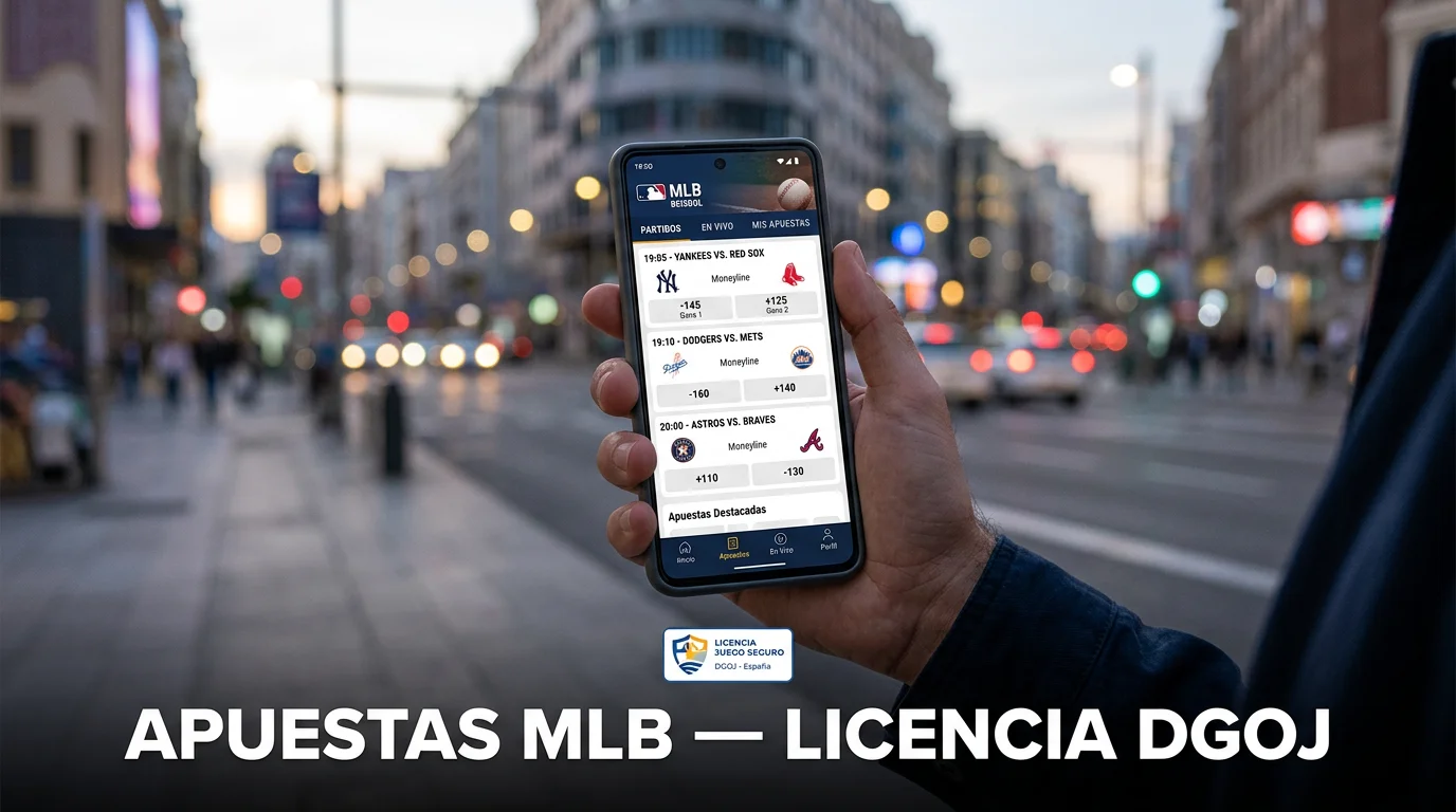 Smartphone con plataforma de apuestas MLB con licencia DGOJ mostrando cuotas de béisbol en España