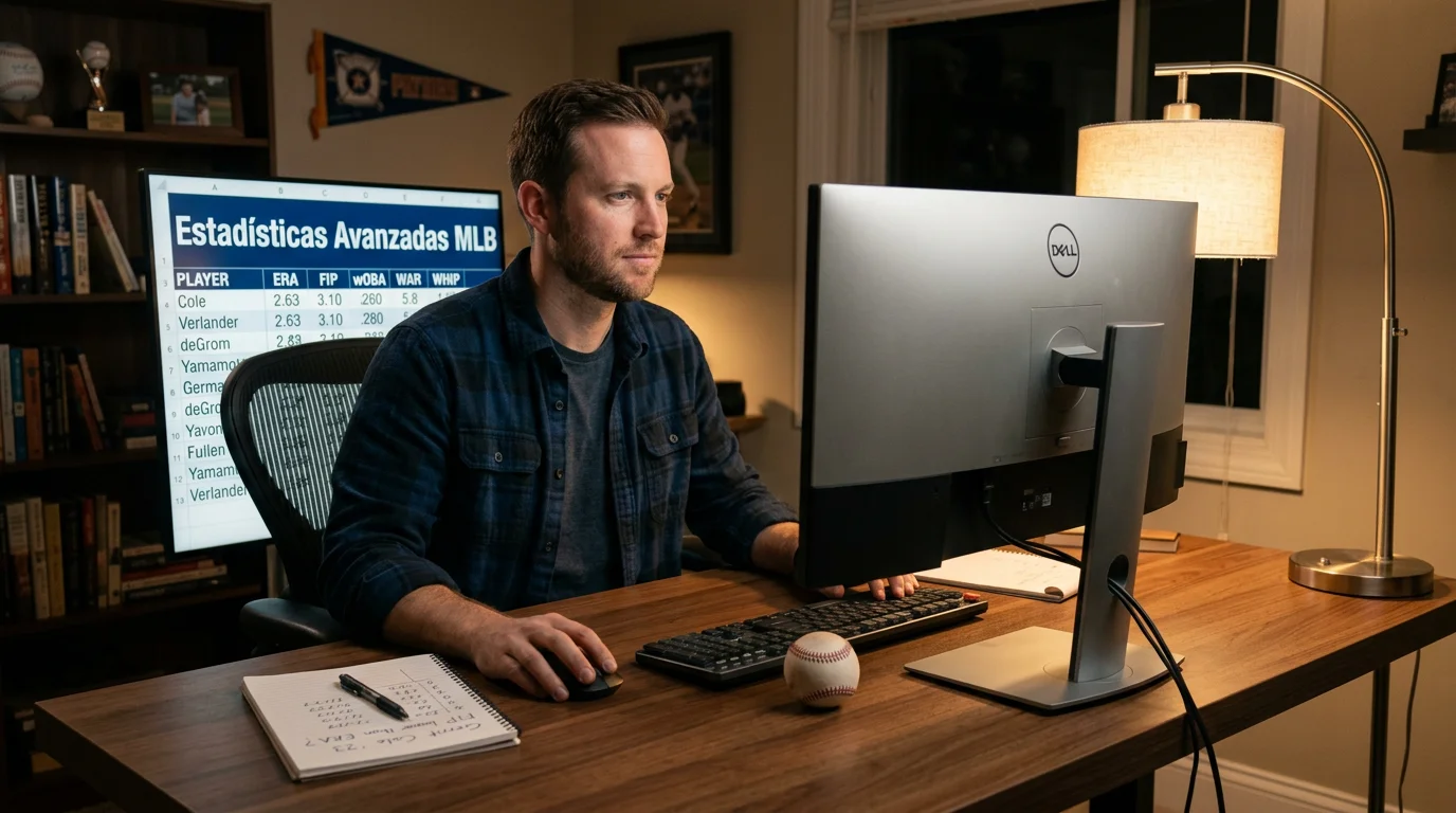 Analista consultando estadísticas avanzadas de béisbol MLB como ERA, FIP y wOBA en una pantalla