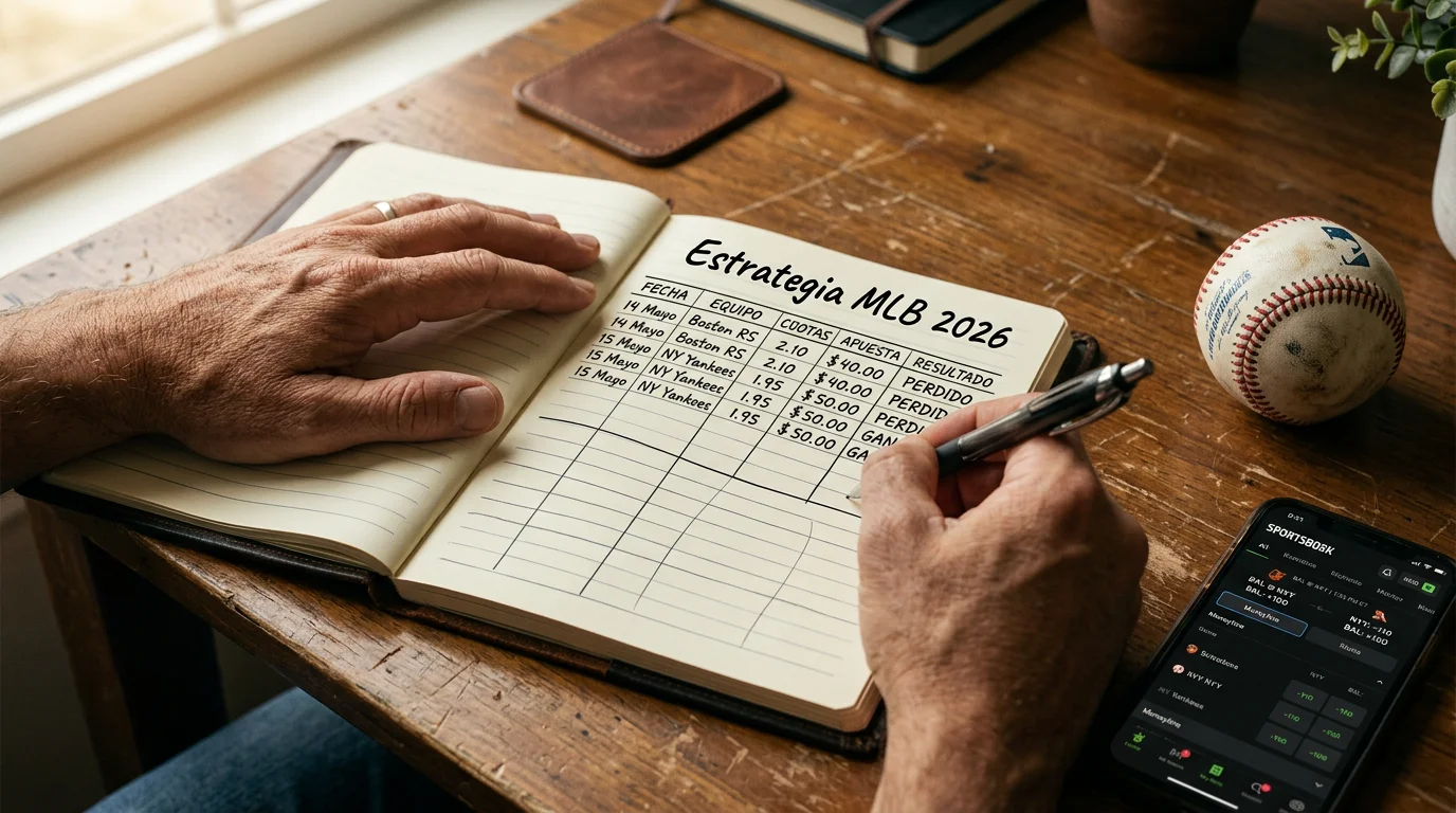 Apostador de béisbol MLB revisando gráficos de bankroll y análisis de value betting en temporada regular