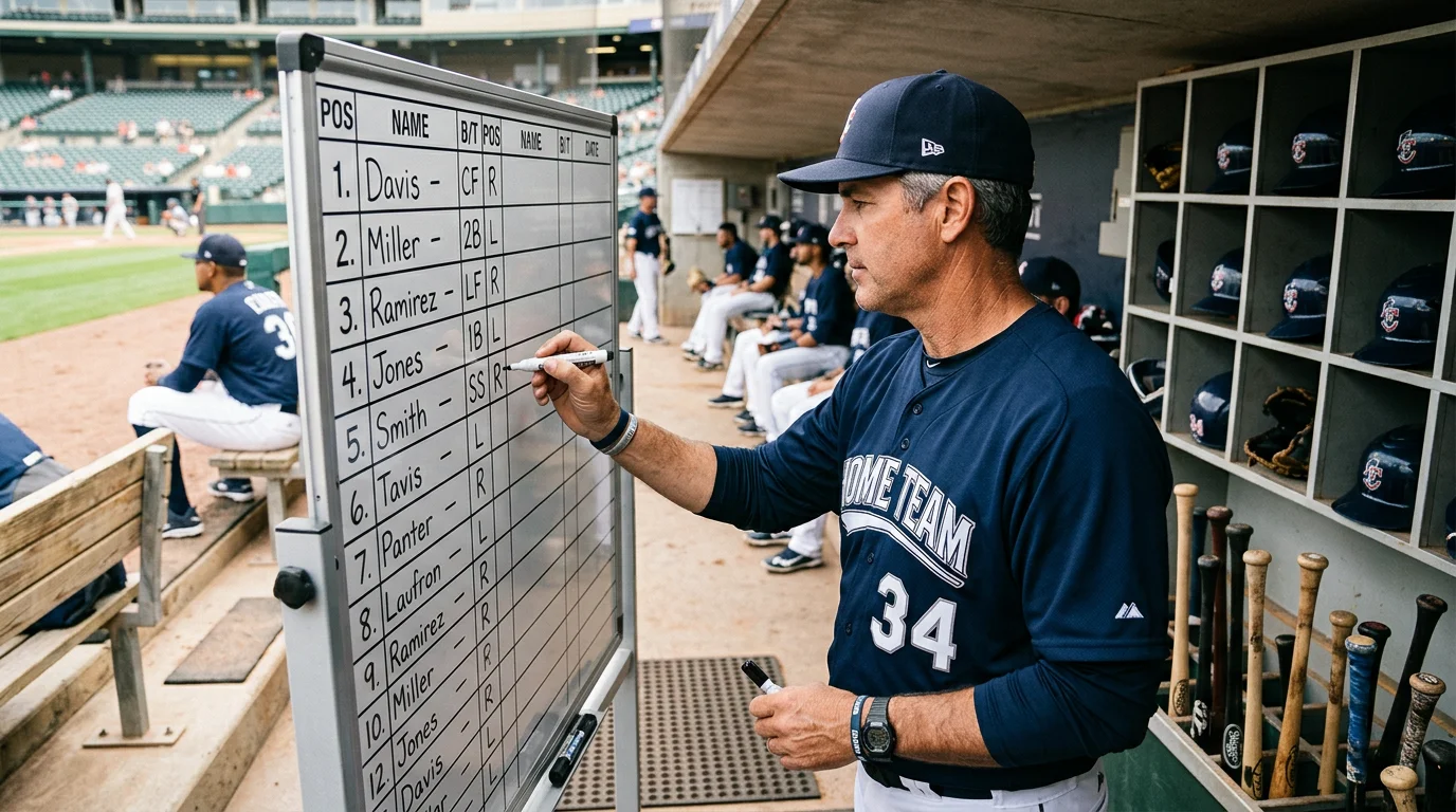 Pizarra tactica de beisbol con el orden de bateo del lineup MLB escrito a mano y estadisticas OPS de cada bateador