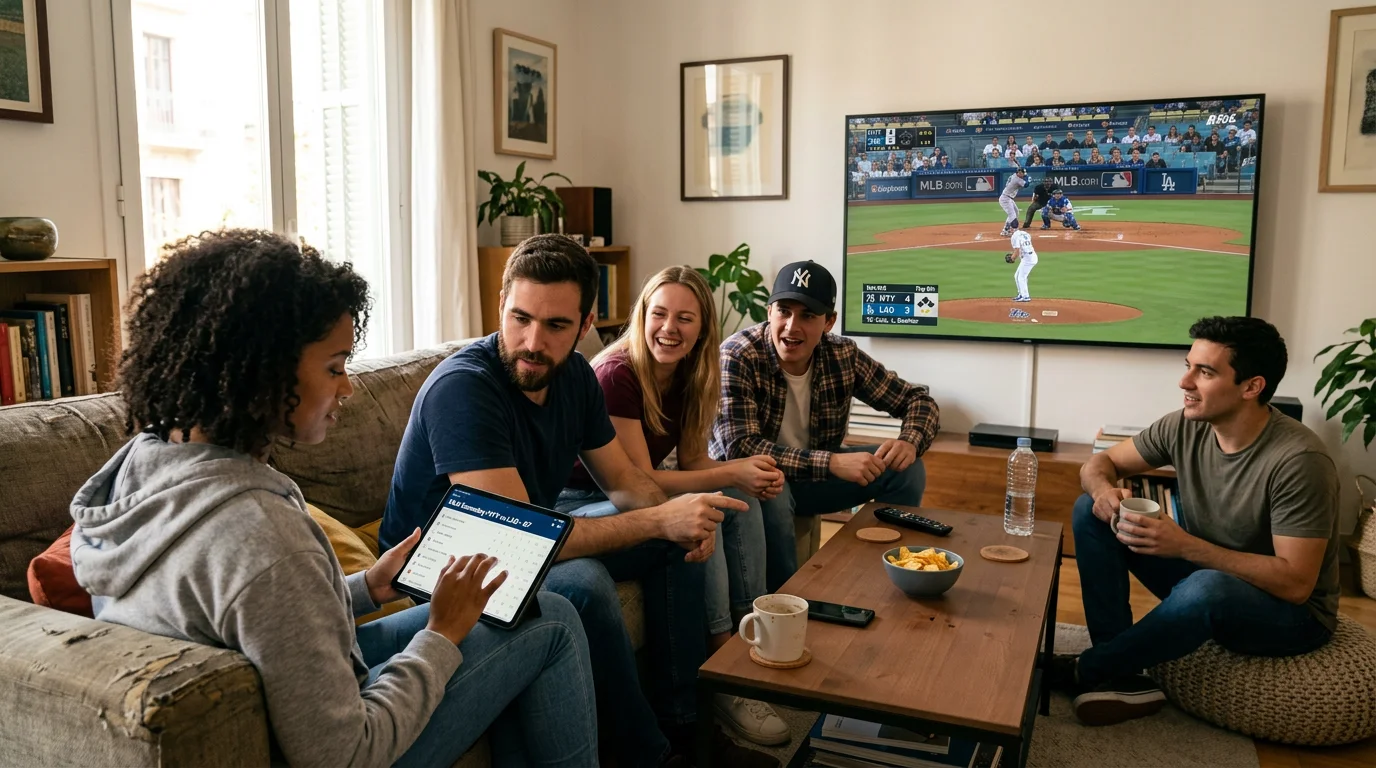 Aficionados espanoles viendo un partido de beisbol MLB en streaming con estadisticas de audiencia y graficas de crecimiento