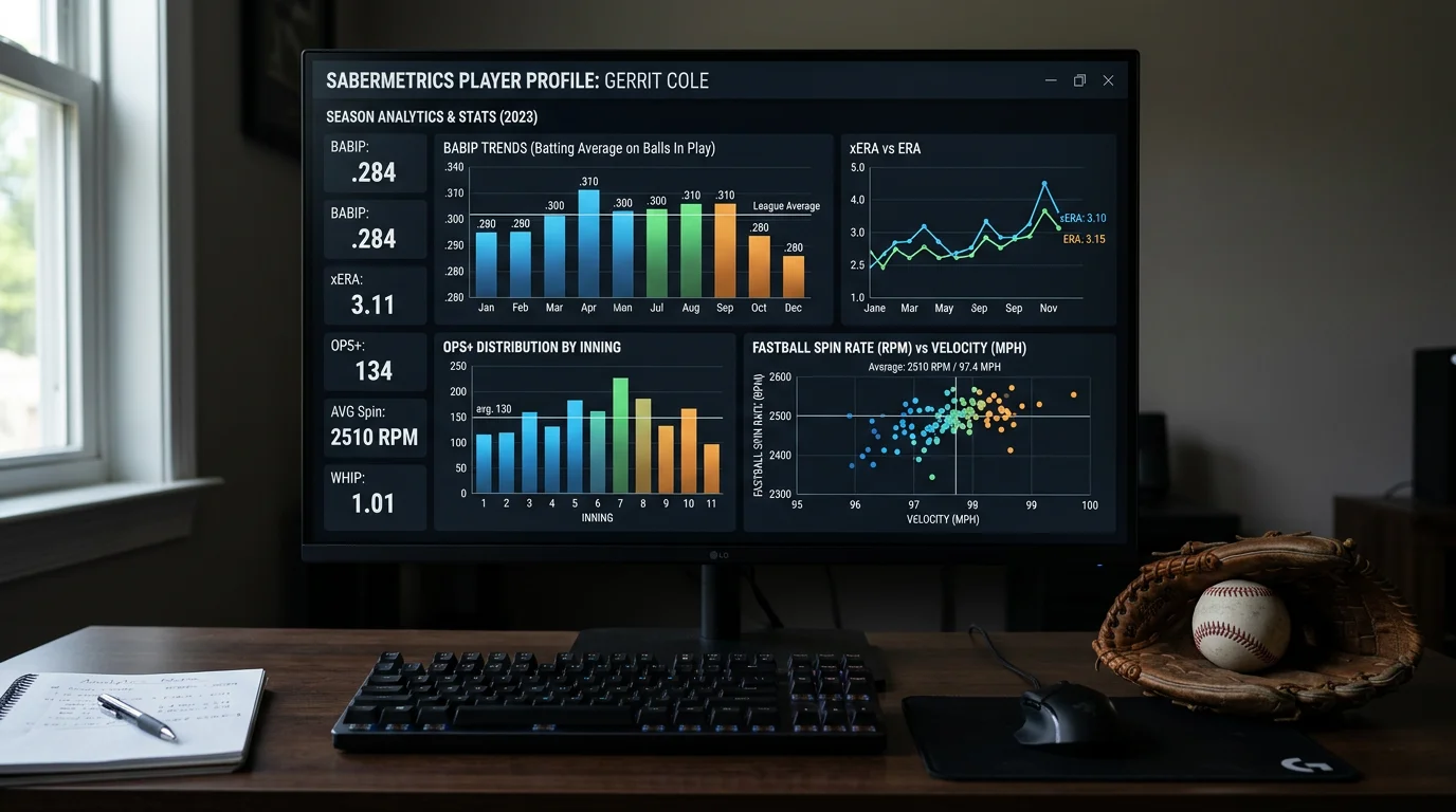 Pantalla de analisis sabermetrico con metricas BABIP xERA OPS y datos Statcast de un lanzador de beisbol MLB