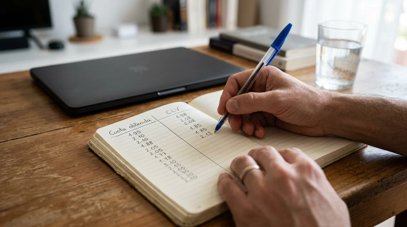 Apostador tomando notas de análisis de cuotas MLB en cuaderno